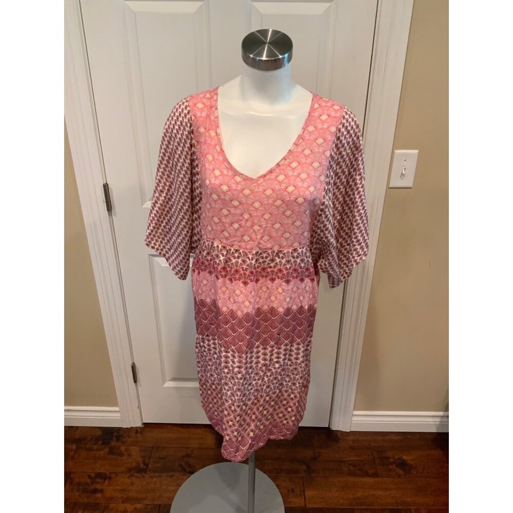 Prana Pink Patterned Shift Dress W/Short Sleeves, Size Small